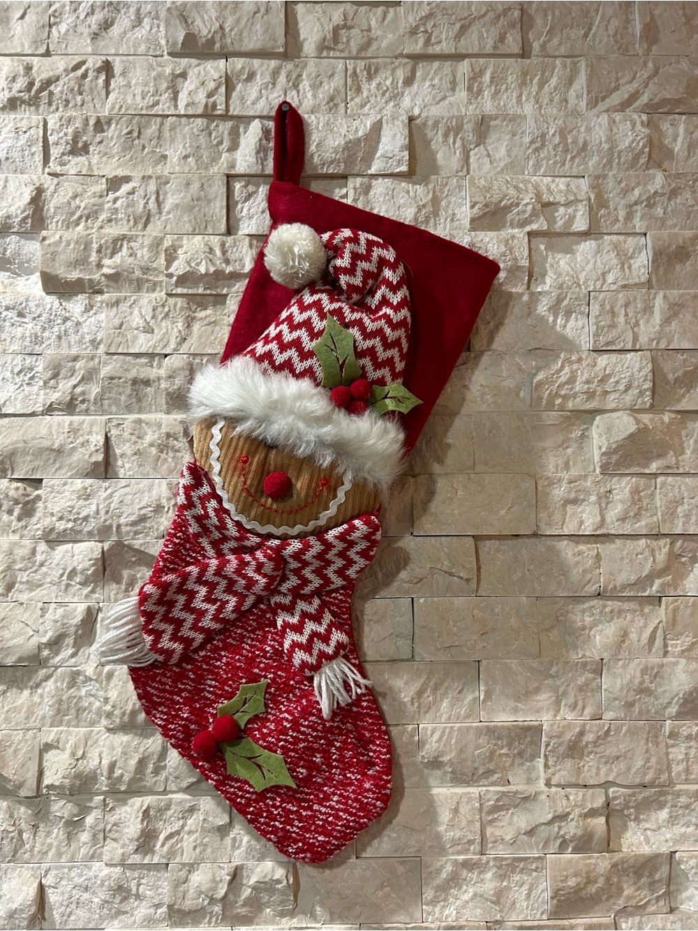 Red Gingerbread Knit Christmas Stocking with Pom Hat - Unbranded